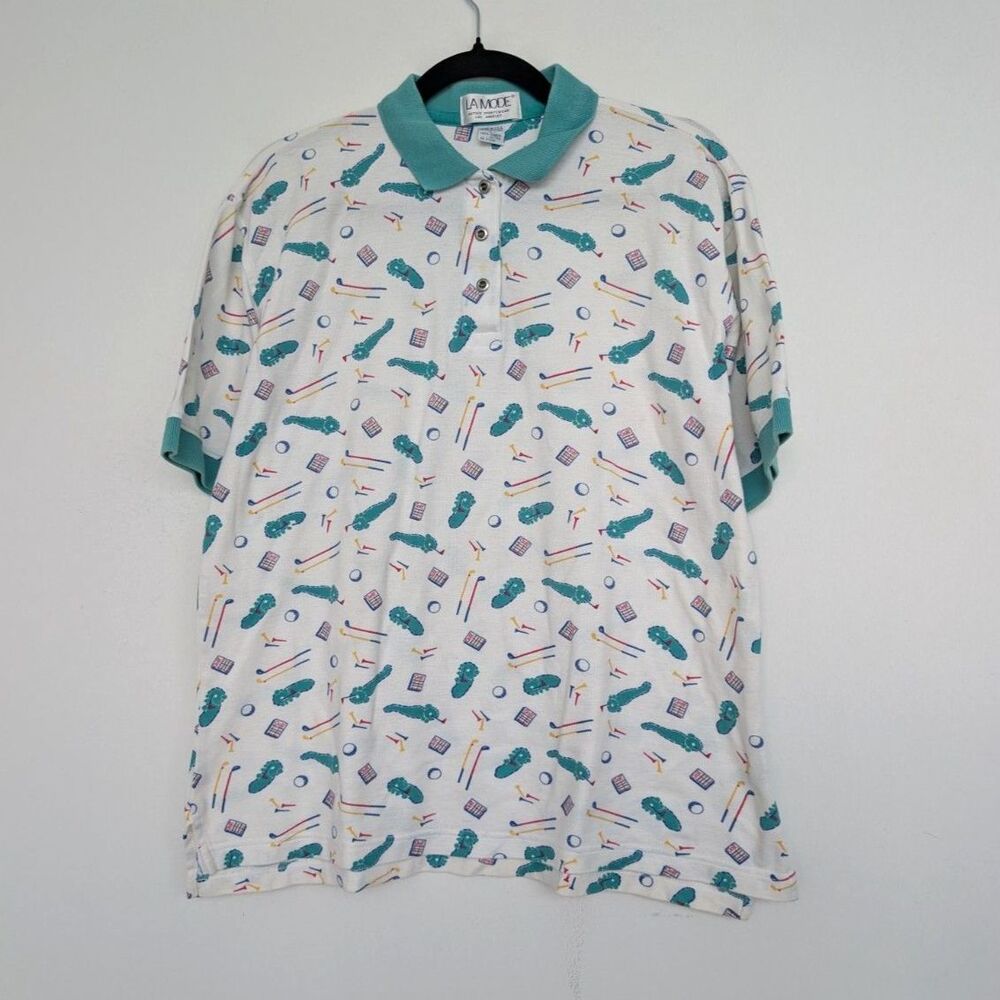 Vintage Golf Print Short Sleeve Combed Cotton Polo Shirt Sz L Made in USA